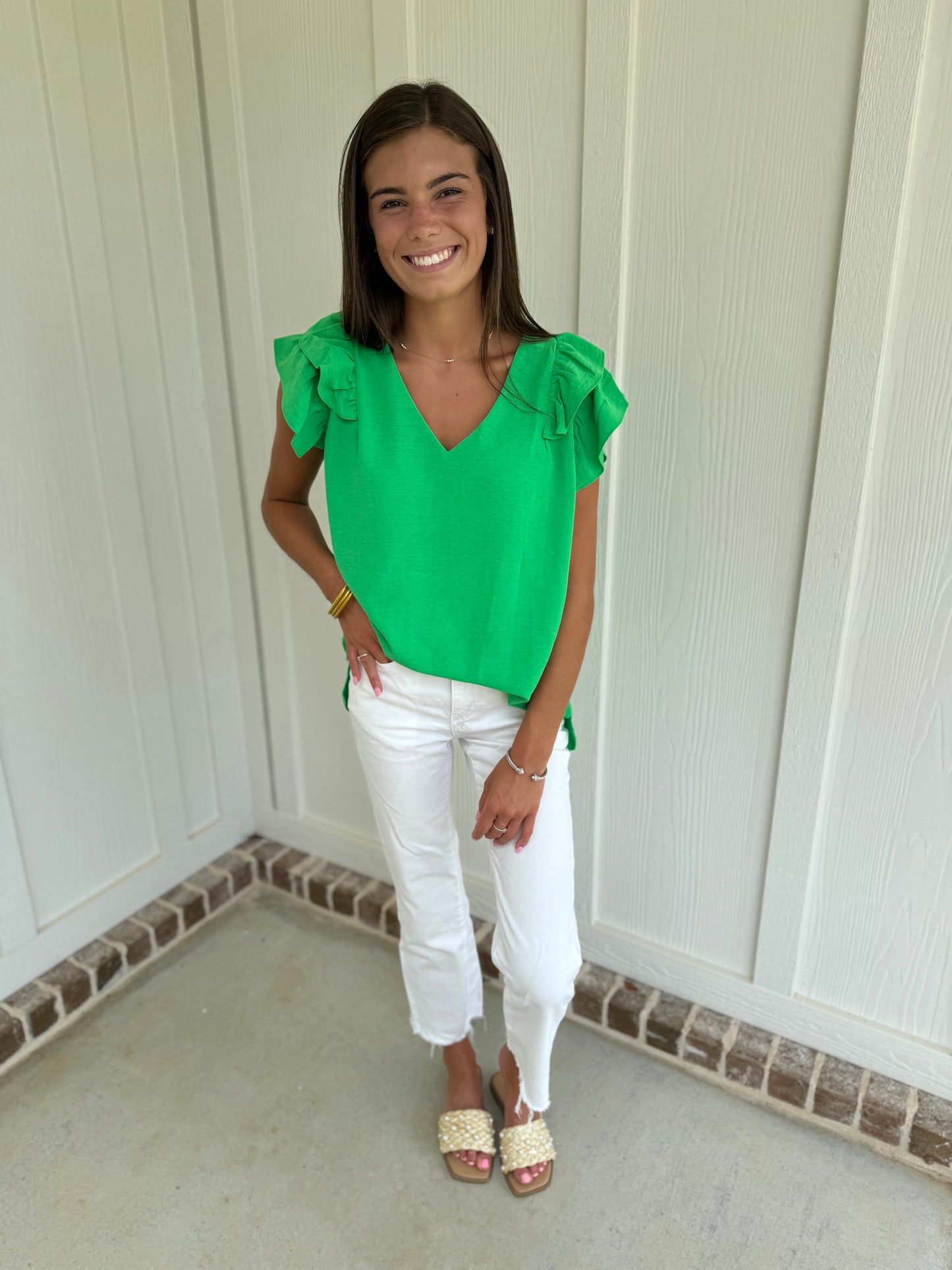 Ryleigh Apple Green Flutter blouse