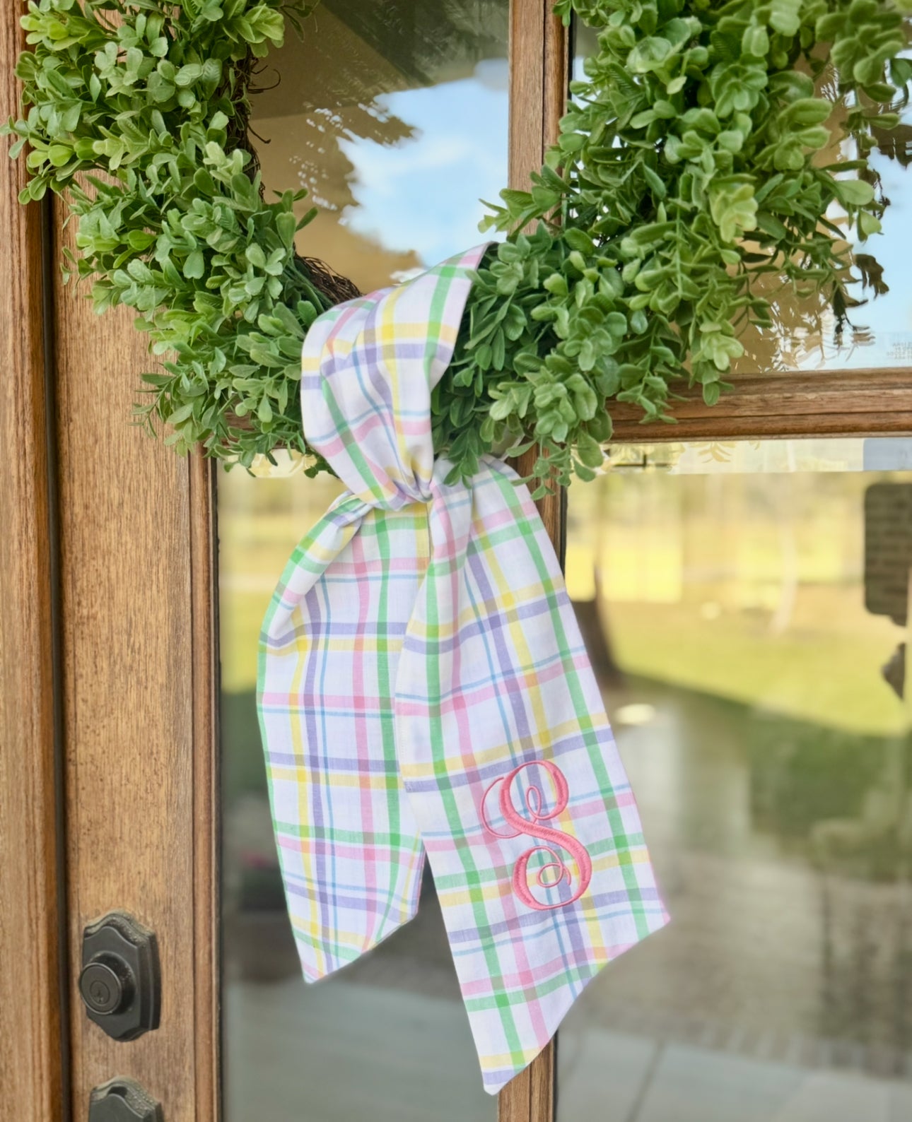 Monogrammed Spring Plaid wreath Sash